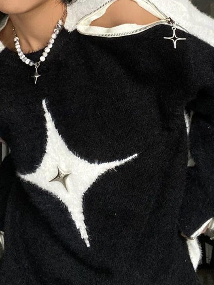 Mojoyce-Star Decor Zipper Cutout Loose Sweater