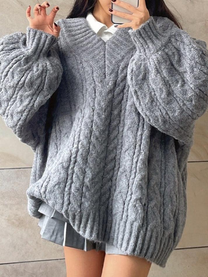 Mojoyce-Twist Design V Neck Loose Sweater
