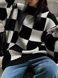 Mojoyce-Vintage Checkered Long Sweater