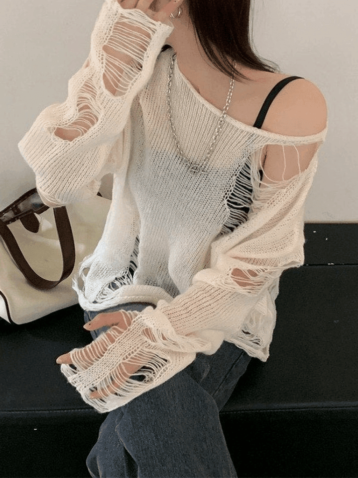 Mojoyce-White Long Sleeve Distressed Knit Top