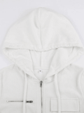 Mojoyce-White Zip-Up Hooded Cropped Knit Top