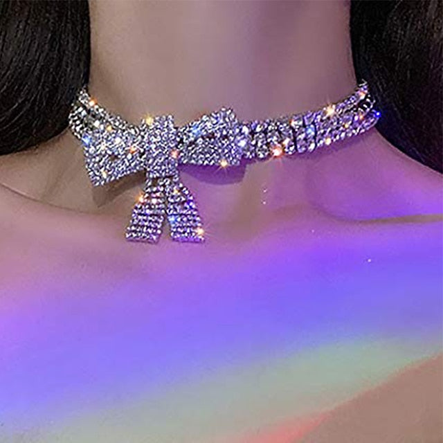 Rhinestone Choker Necklace Bow-Knot Full Crystals Necklaces Silver Sparkly Necklace Chain Jewelry Fashion Party Accessories for Women and Girls