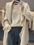 Women's Cardigan Sweater Jumper Ribbed Knit Long Tassel Solid Color Shirt Collar Stylish Casual Outdoor Daily Fall Winter Black Camel One-Size